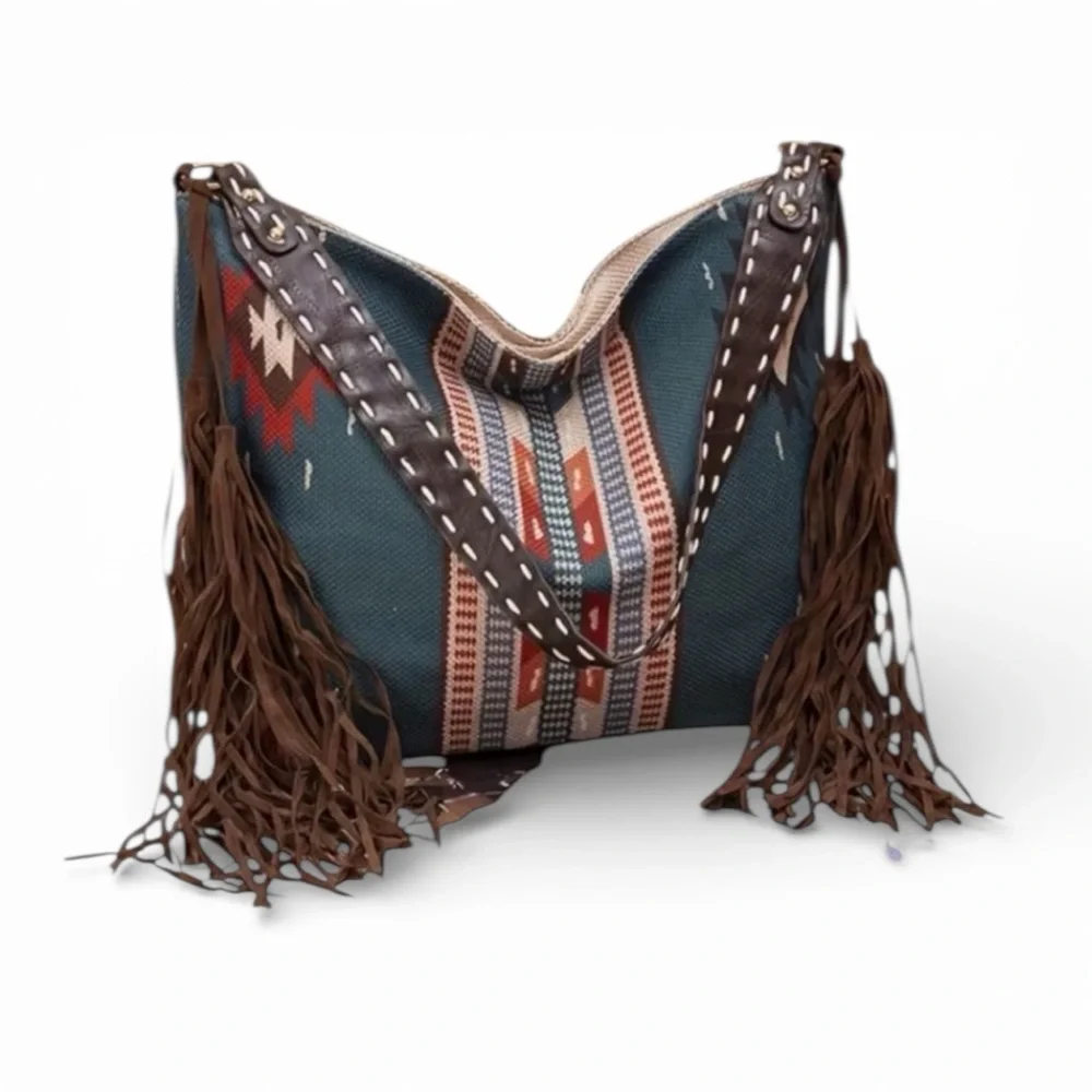 Bohemian Fringe Shoulder Bag In Blue and Brown New